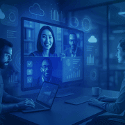 Reunión virtual de trabajo híbrido con equipo en oficina y en línea.