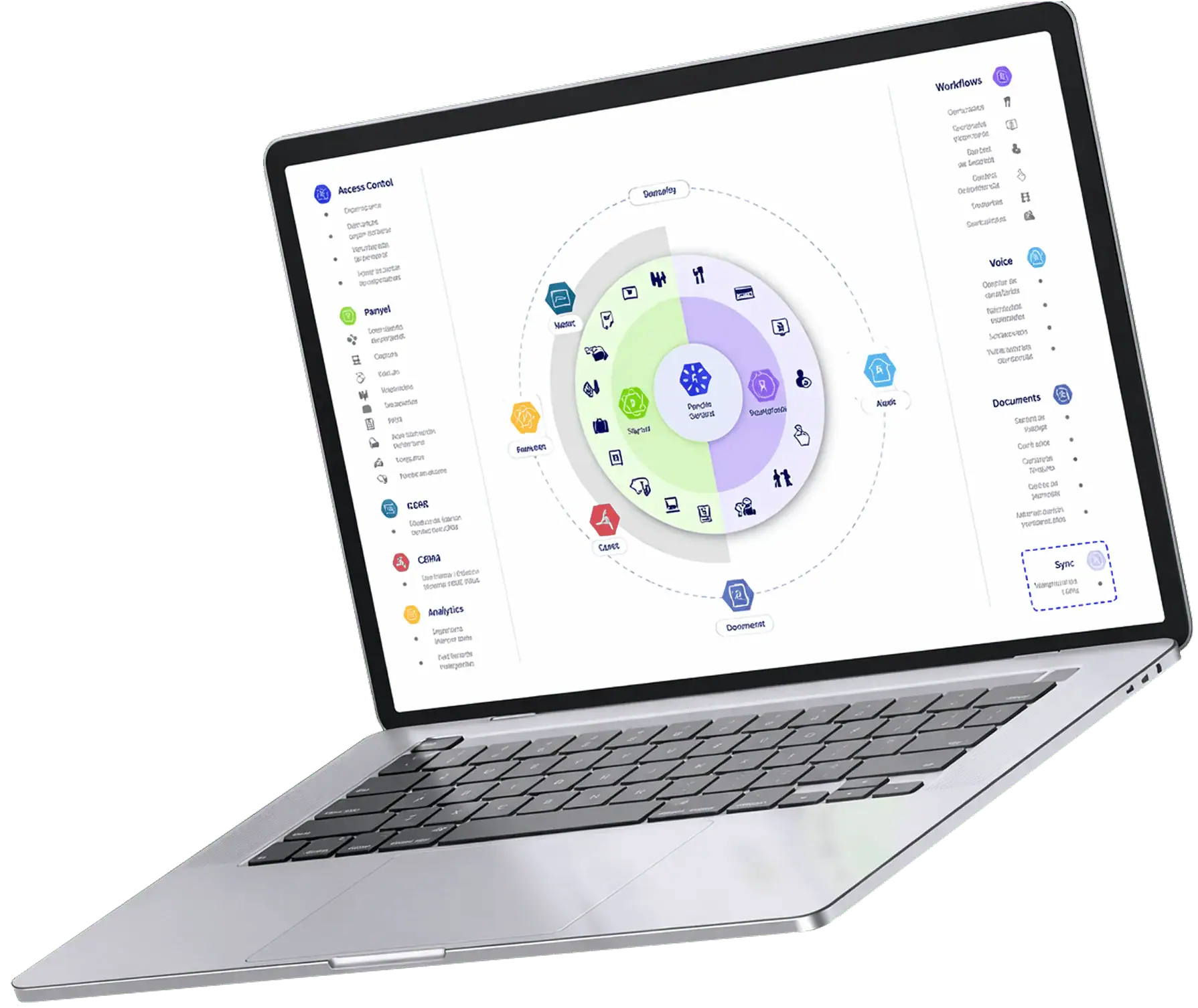Laptop con dashboard de software de recursos humanos y módulos de gestión