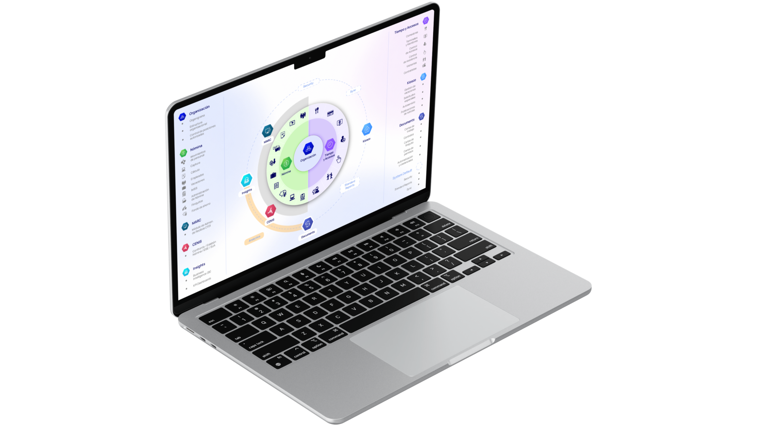 Laptop con dashboard de software de recursos humanos y módulos de gestión