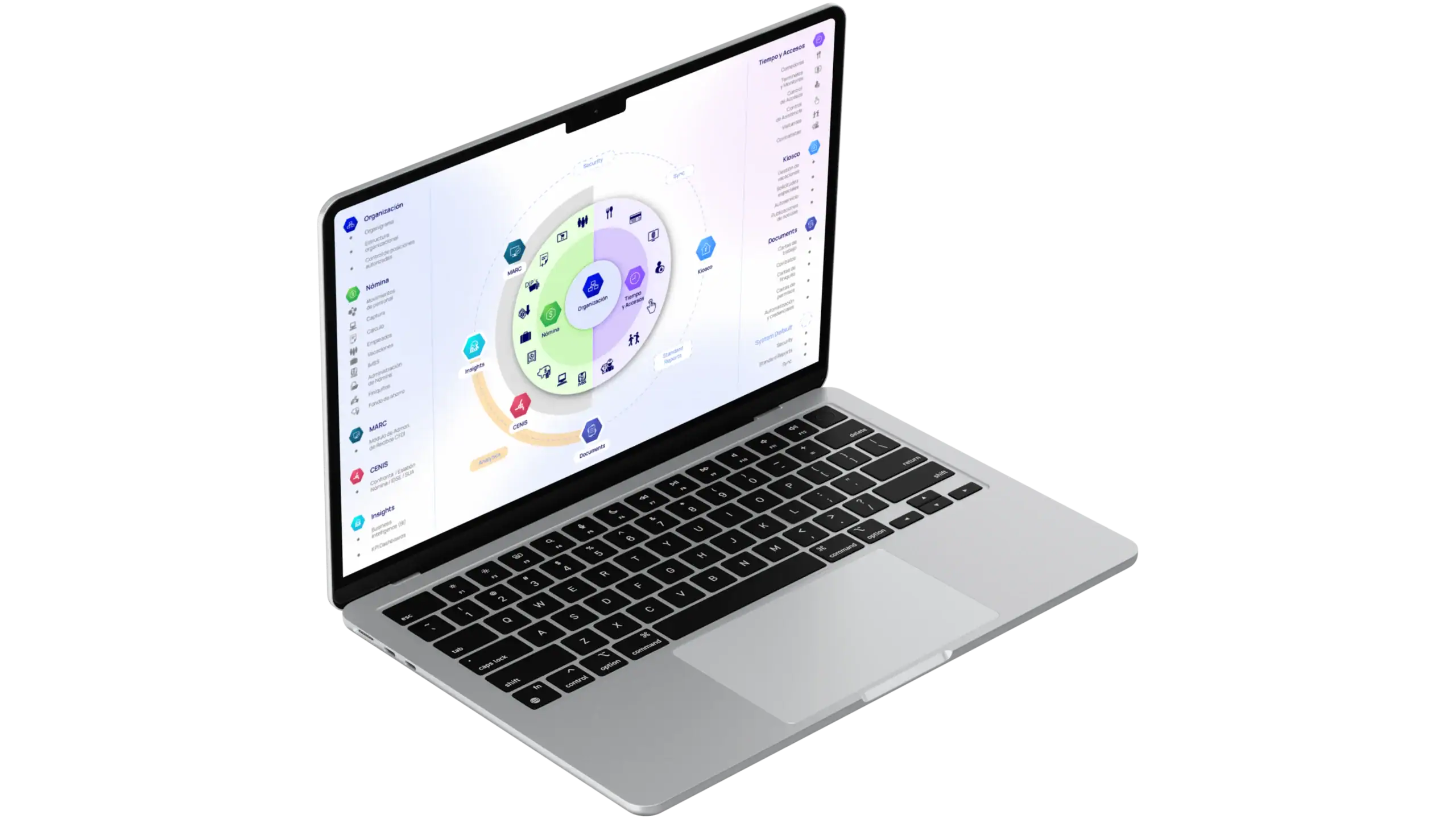 Dashboard de Eslabón Cloud con módulos de gestión de recursos humanos: nómina, organización, tiempo y accesos, analytics y más