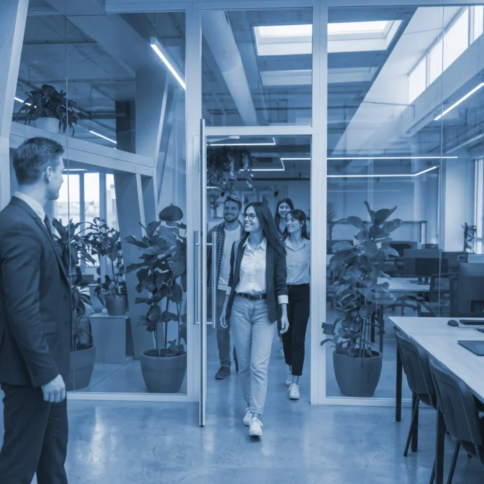 Grupo de empleados caminando por oficina con entrada controlada
