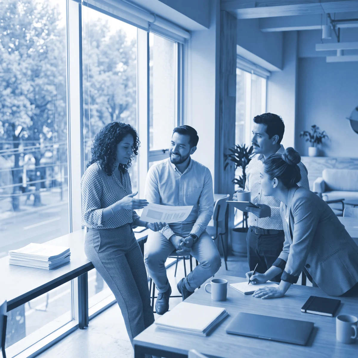 Equipo de profesionales colaborando en oficina moderna
