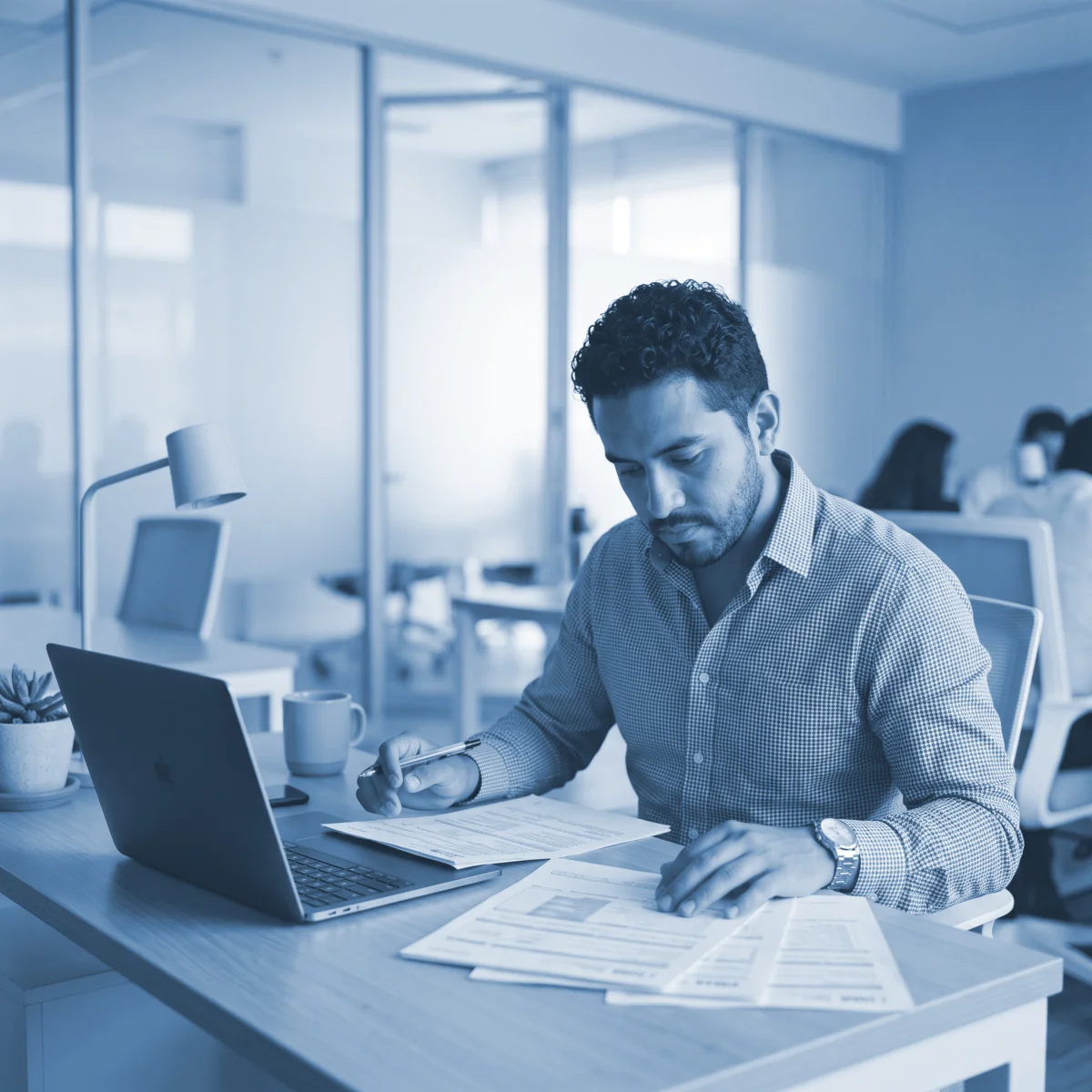 Profesional revisando documentos de cumplimiento fiscal en oficina moderna