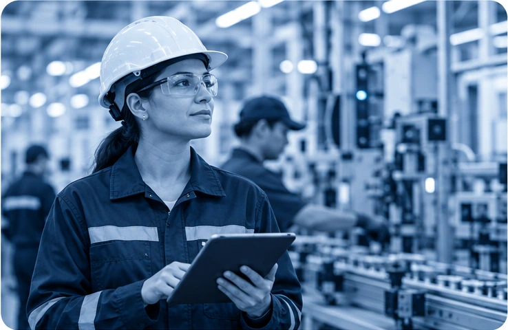 Supervisora de planta industrial sonriendo en manufactura