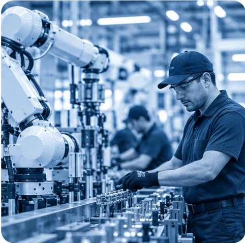 Línea de producción robotizada en planta de manufactura industrial