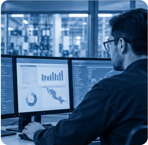Panel de control con datos de producción en planta de manufactura industrial