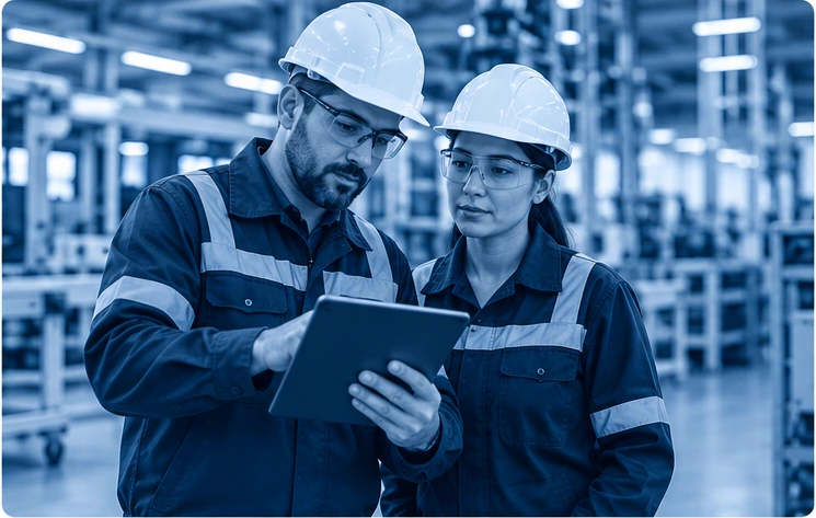 Supervisor de manufactura industrial controlando la producción con tablet en planta