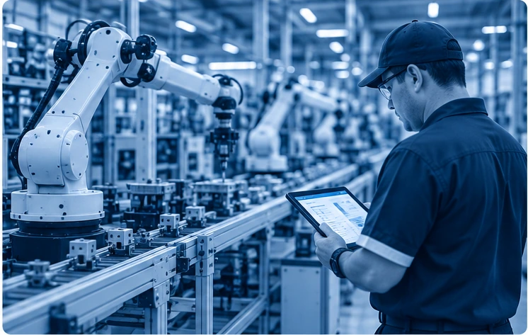 Robótica industrial en planta de manufactura, supervisada por el equipo de producción