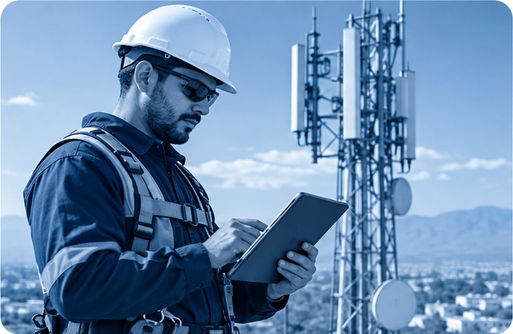 Técnico de telecomunicaciones registrando asistencia junto a torre de conectividad 5G