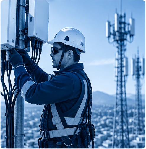Técnico de telecomunicaciones dando mantenimiento a antenas en sitio
