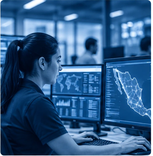 Equipo técnico de telecomunicaciones revisando nómina y sedes desde un centro de monitoreo de red