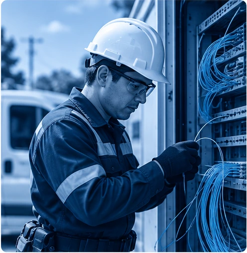 Infraestructura de fibra óptica en rack de telecomunicaciones